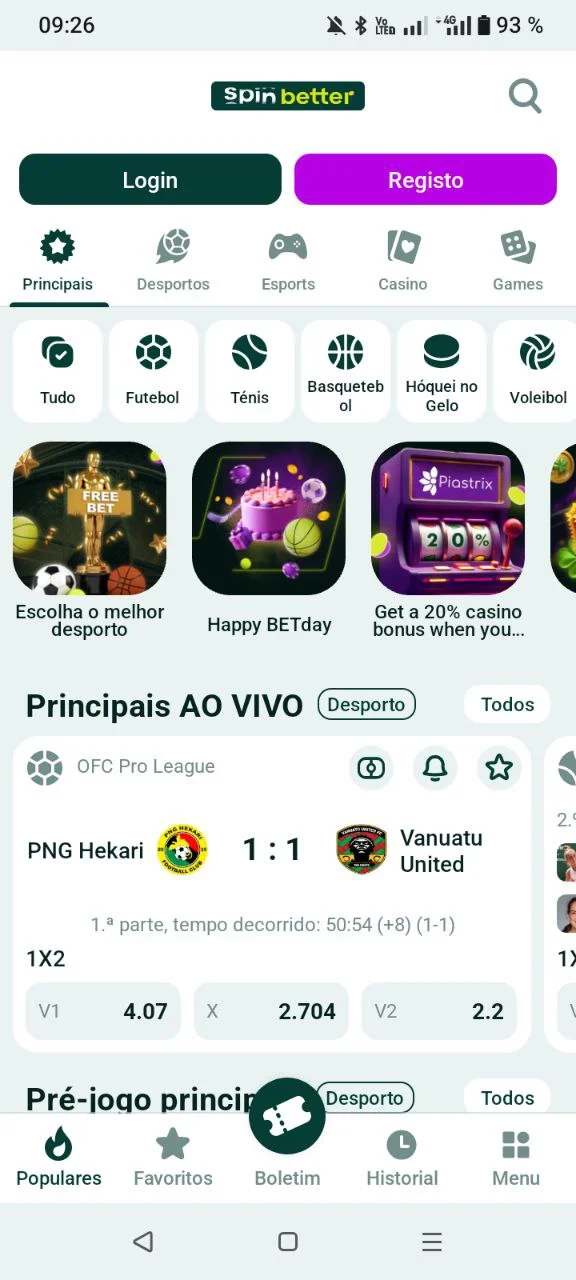 Ecrã principal da app SpinBetter