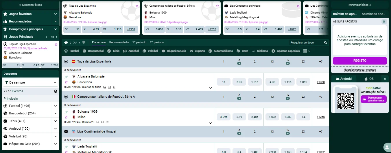 Interface de apostas desportivas da SpinBetter