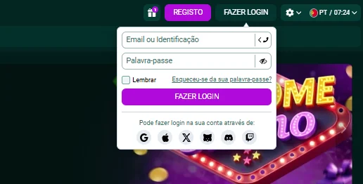 Formulário de login na SpinBetter